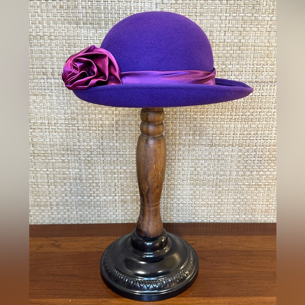 VTG 1960s-70s Purple 100% Wool Hat w/ Satin Floral Back Bow Michael Howard USA
